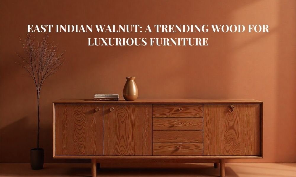 Luxury interior with East Indian Walnut wooden furniture sideboard against warm brown wall – Kantilal & Sons